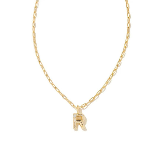 KENDRA SCOTT CRYSTAL LETTER R SHORT PENDANT NECKLACE GOLD WHITE CZ