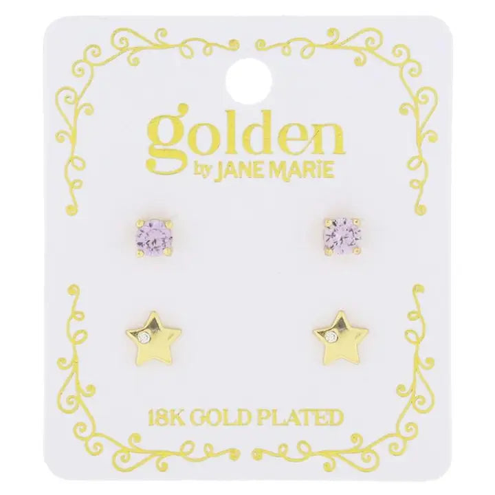 Jane Marie Kids 18K Gold Plated 2 Stud Set, Crystal, Star Earrings