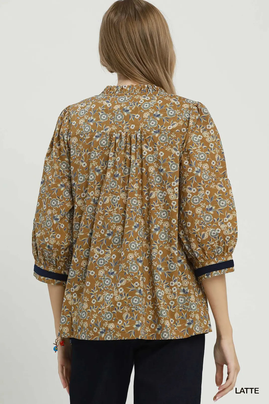Umgee Floral Contrast Trim Peasant Blouse