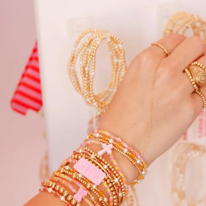 Beaded Blondes Pink Cross Bracelet On Gold