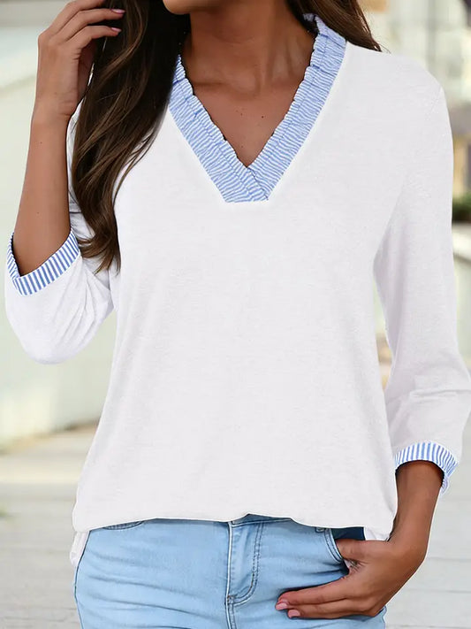 Striped Patchwork V Neck 3/4 Sleeve Blouse