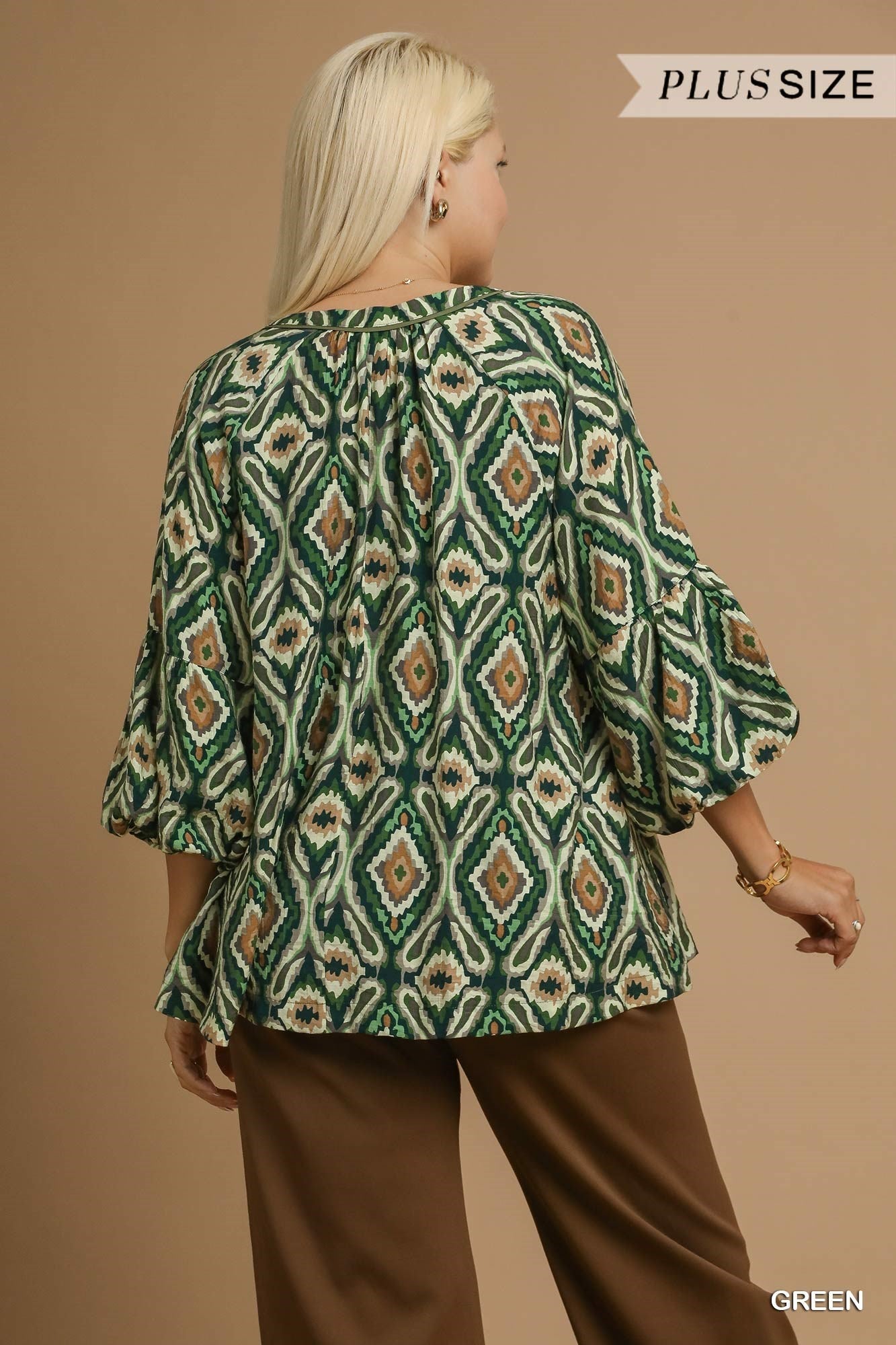 Umgee Boho Geo Print Ruffle Sleeve Top