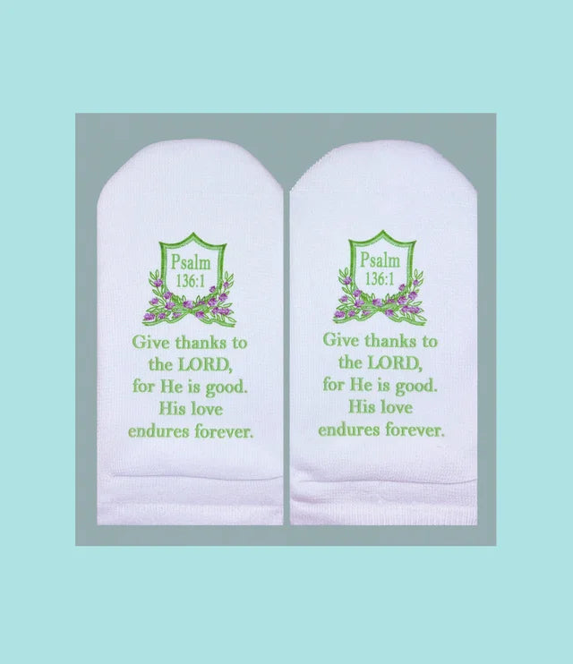 Standing on the Word Socks Crest with Verse: Psalm 136:1 Give thanks