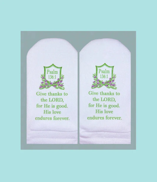 Standing on the Word Socks Crest with Verse: Psalm 136:1 Give thanks