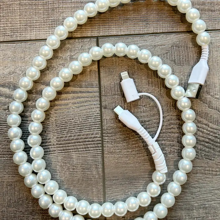 Beaded Phone Charger with Lightning & Usb-C Cable-White Pearl