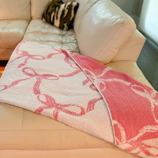 Ellison + Young Bow Scalloped Coziest Blanket-White/Pink