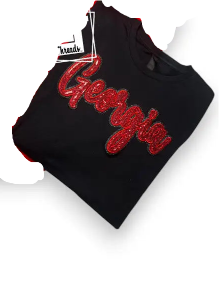 Red Cursive Sequin Georgia On Black Comfort Colors Top-Short Sleeve