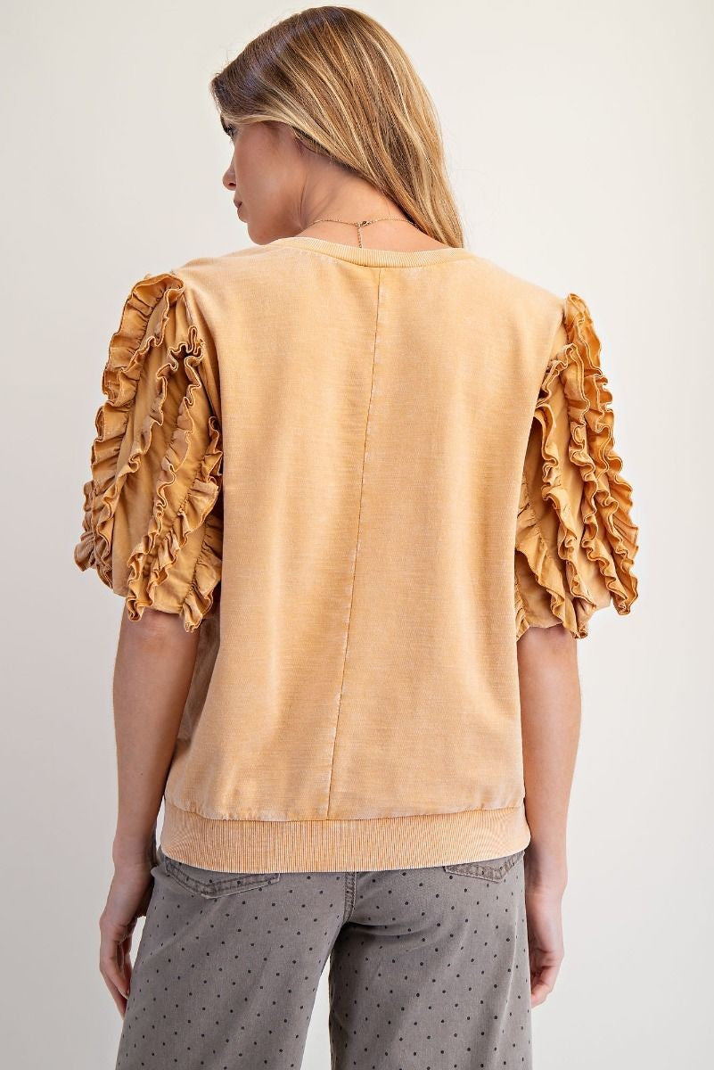 EASEL-RUFFLED SLVS MINERAL WASHED TOP-HONEY LATTE