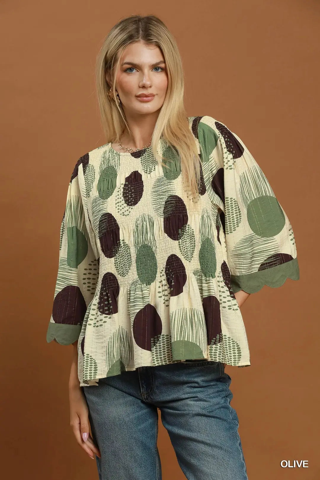 Umgee Abstract Dot Smocked Peplum Top