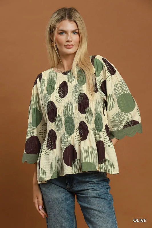 Umgee Abstract Dot Smocked Peplum Top