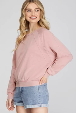 SHE & SKY LONG DOLMAN SLEEVE WASH FRENCH TERRY KNIT TOP