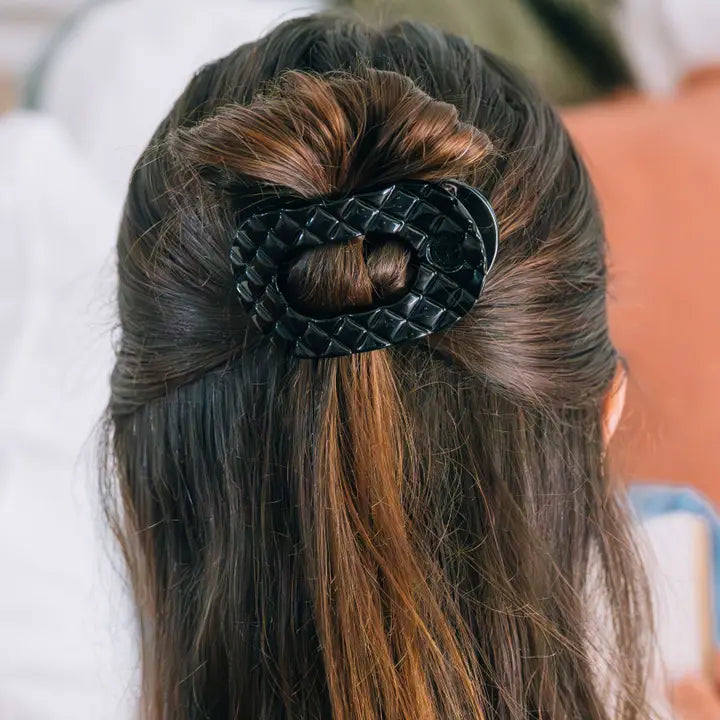 Teleties Flat Round Hair Clip | Small | Jet Black Quilted
