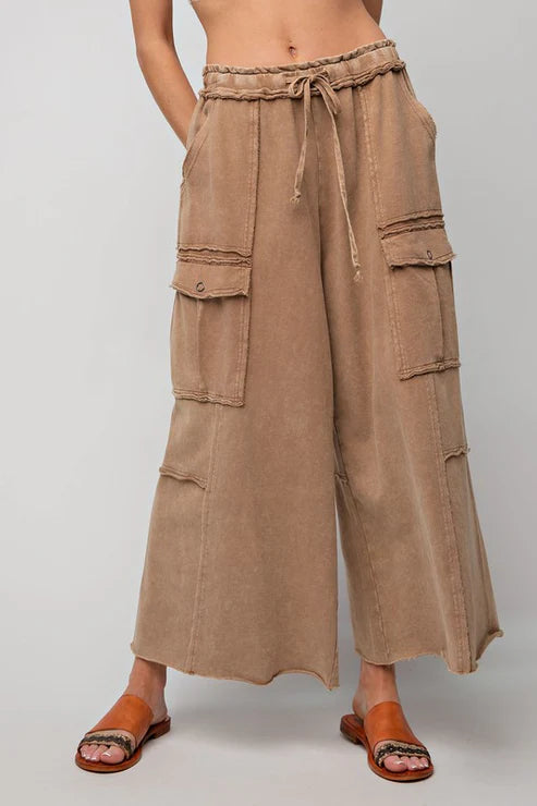 Easel Mineral Washed Wide Leg Pants-Latte