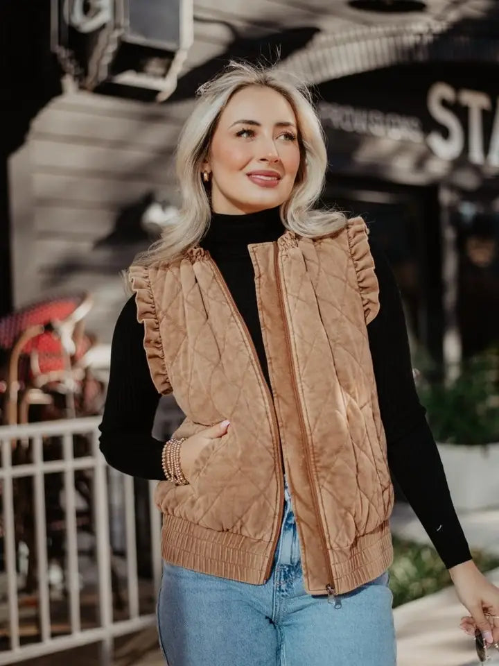 Katydid Garment Washed Quilted Ruffle Sleeve Vest