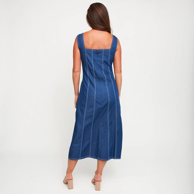 Elsie & Zoey Midi Dress Elle Sleeveless Stretch Denim Square Neck
