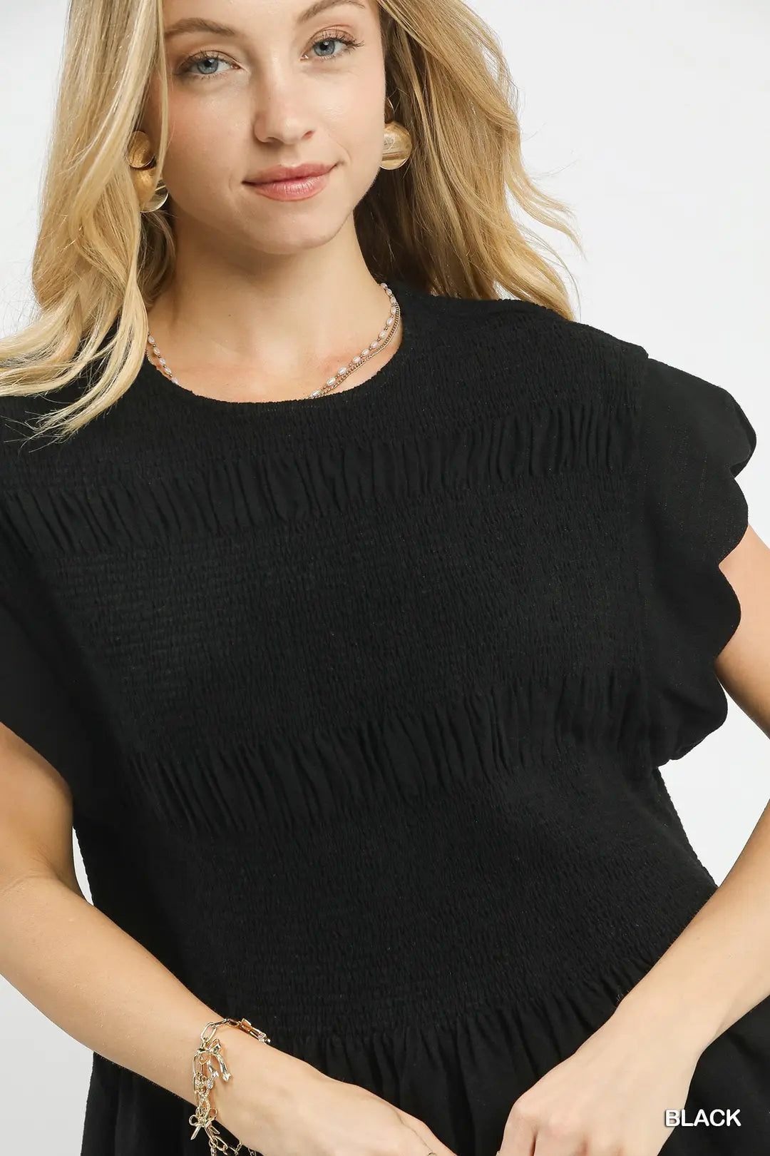 Umgee Linen Blend Smocked Peplum Top-Black