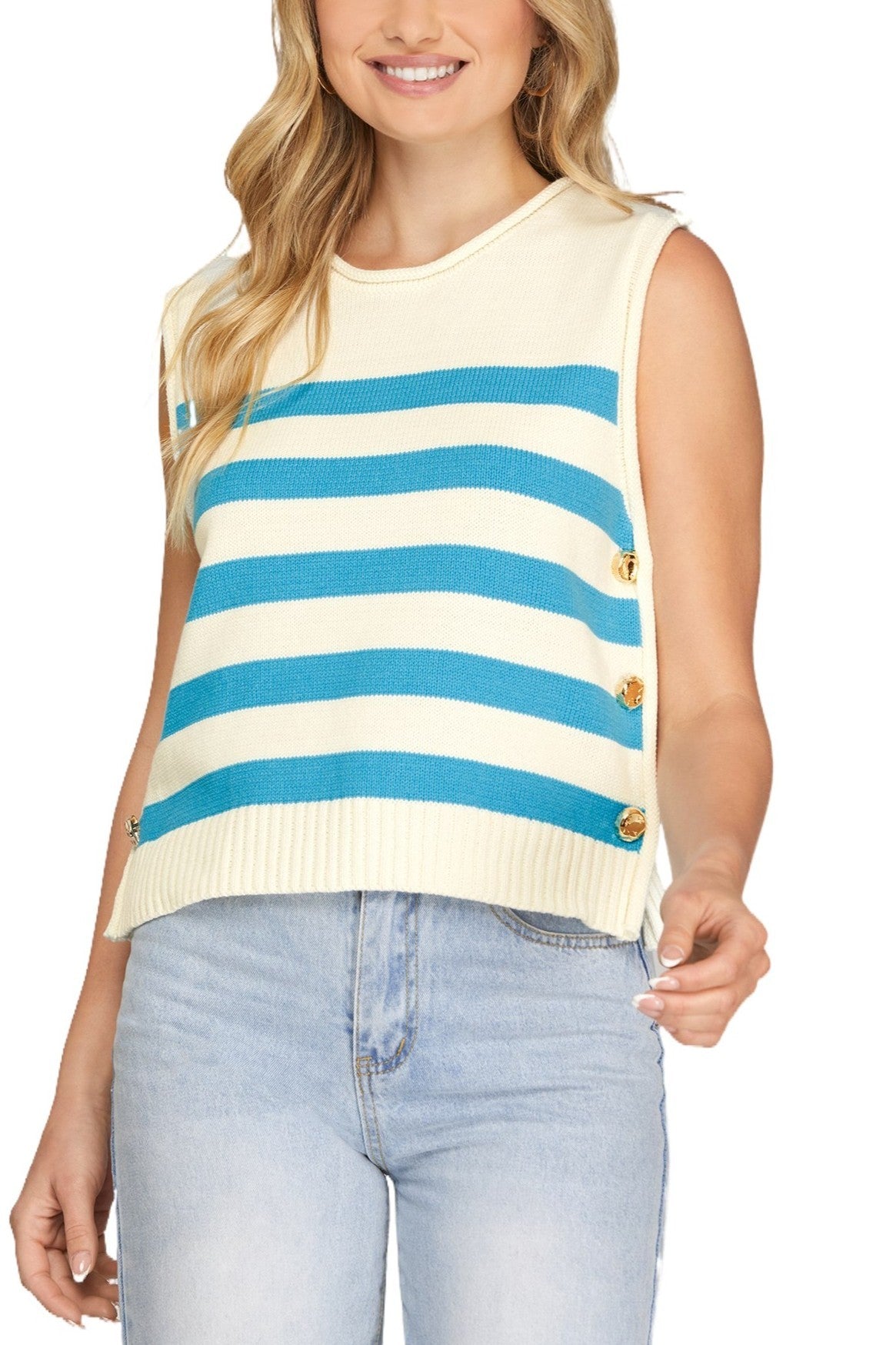 She + Sky Sleeveless Stripe Sweater Top-Aqua
