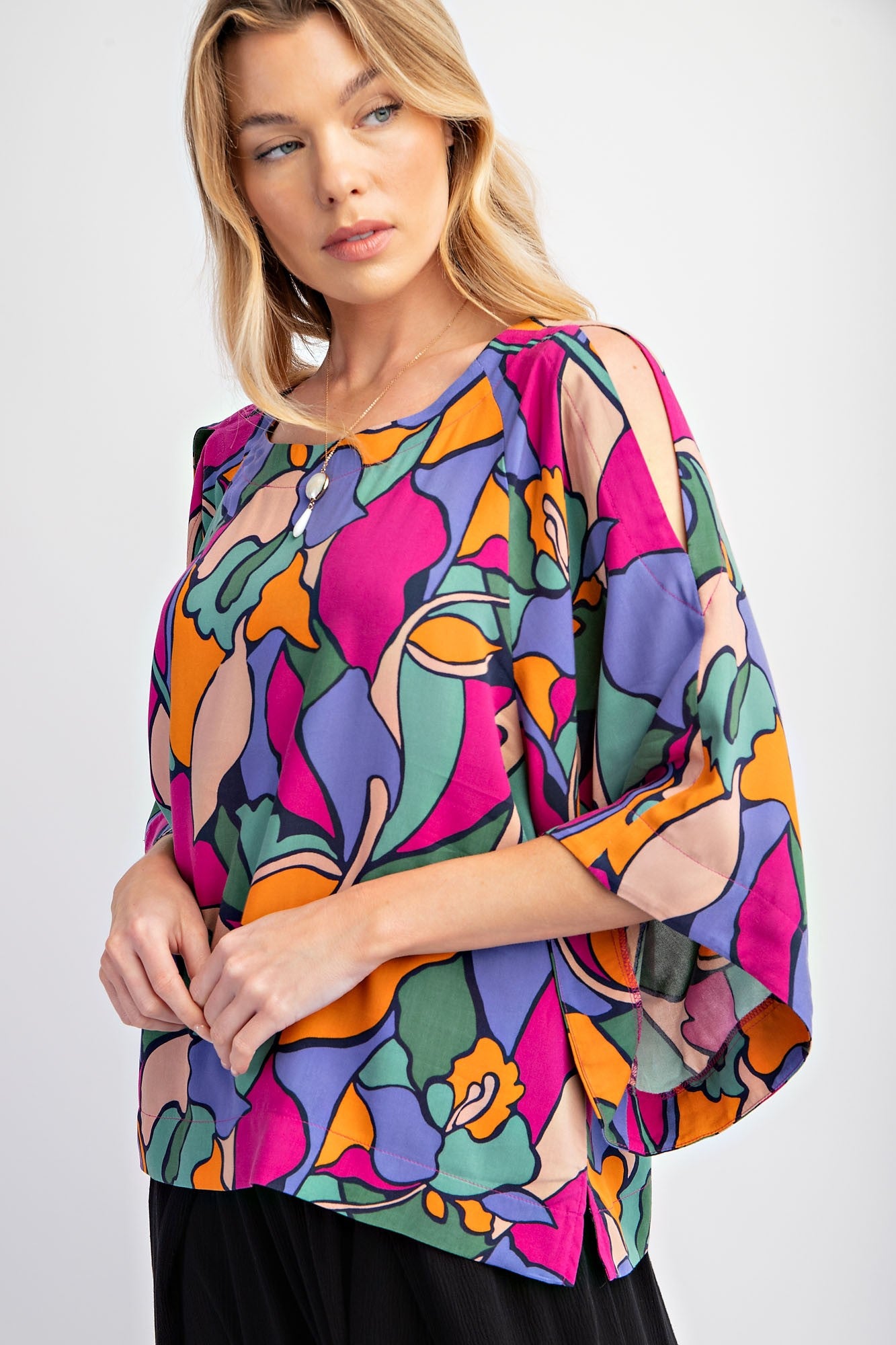 Easel Geo Printed Rayon Challis Woven Top