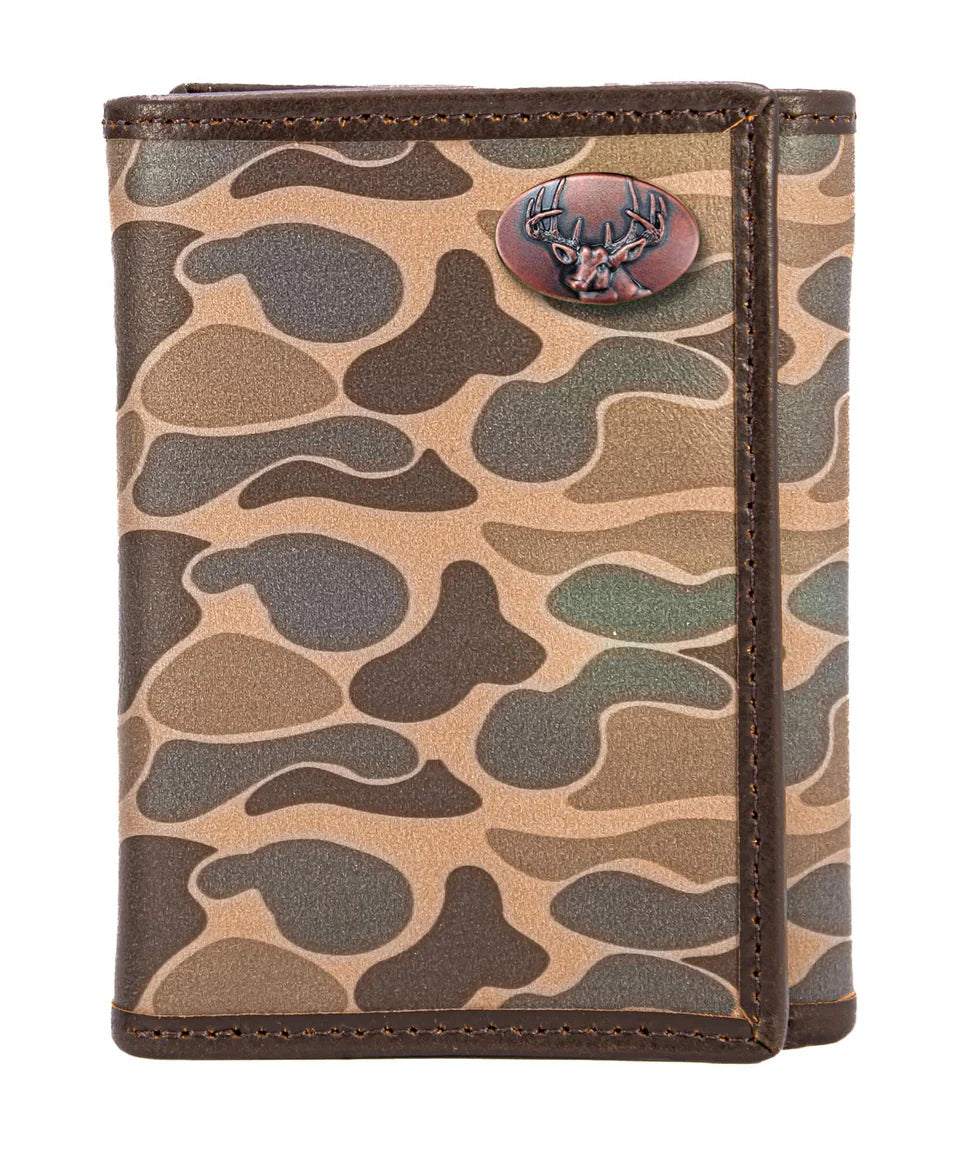 ZEP-PRO BUCK MEN'S TRIFOLD OLD SCHOOL CAMO LEATHER WALLET.-COLOR: Brown/Tan Camp