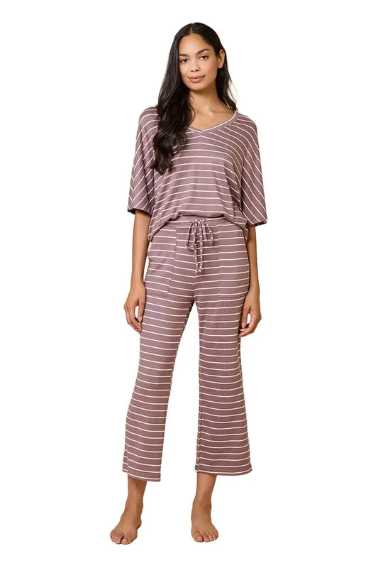 Softies Dream Relaxed V-neck with Capri Lounge Set-Driftwood Stripe