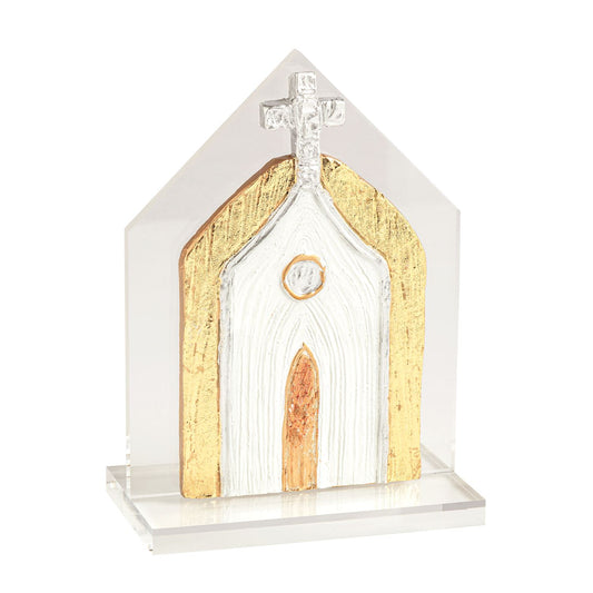 MUD PIE SILVER CHURCH ON GOLD PAINTED ACRYLIC CHURCH