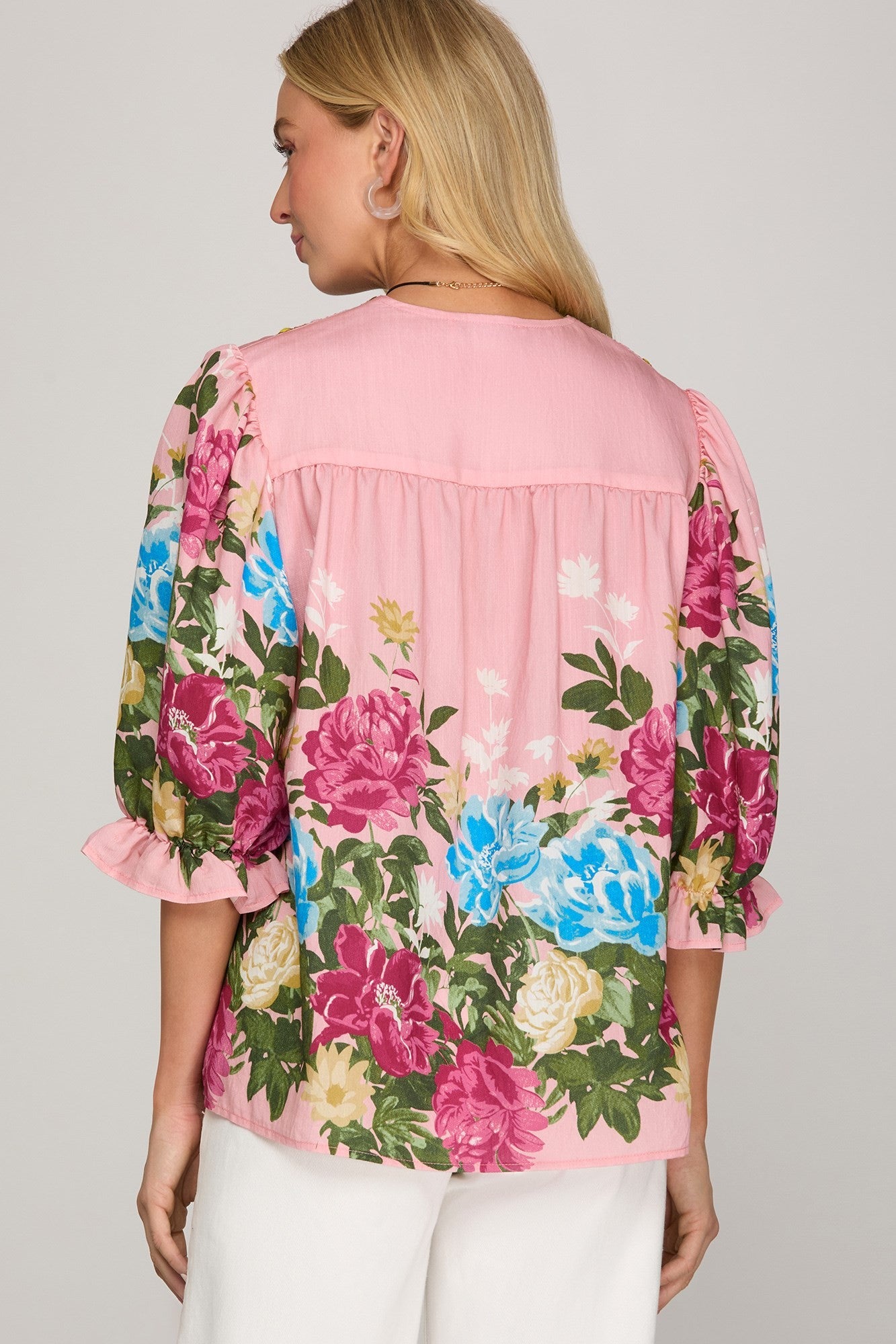 She + Sky Print V Neck Top-Pink