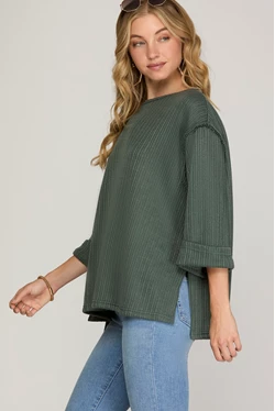 She + Sky 3/4 FOLDED SLEEVE KNIT TOP-Slate