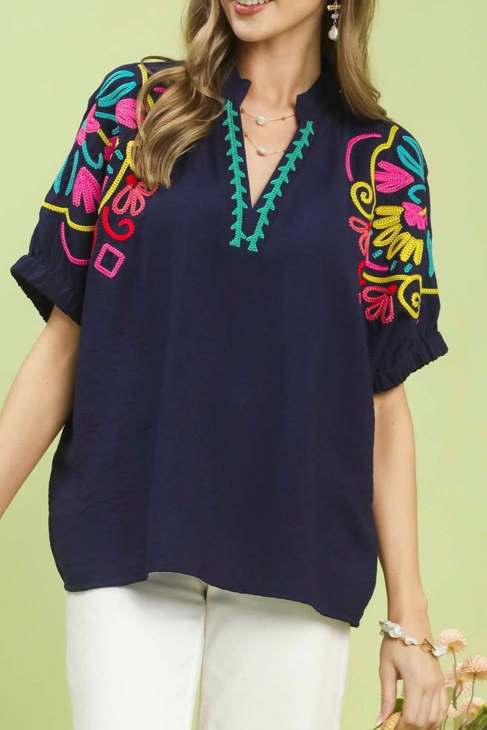 Umgee Multicolor Embroidered Split Neck Top
