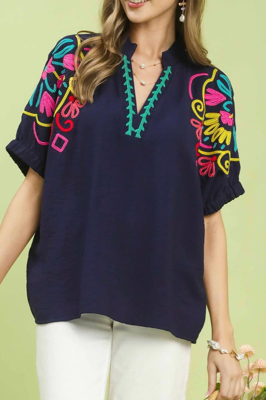 Umgee Multicolor Embroidered Split Neck Top