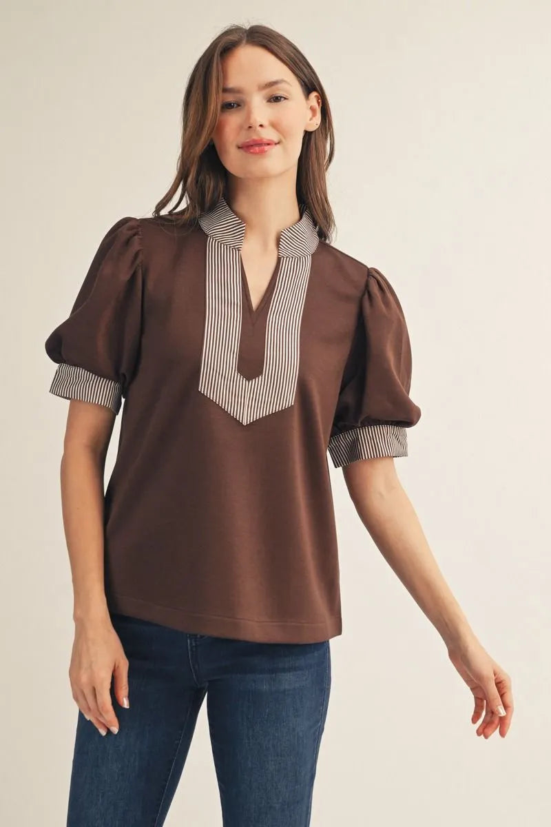 Jodifl Short Puff Sleeves High Neck Solid Top With Stripe Contrast Accent-Brown