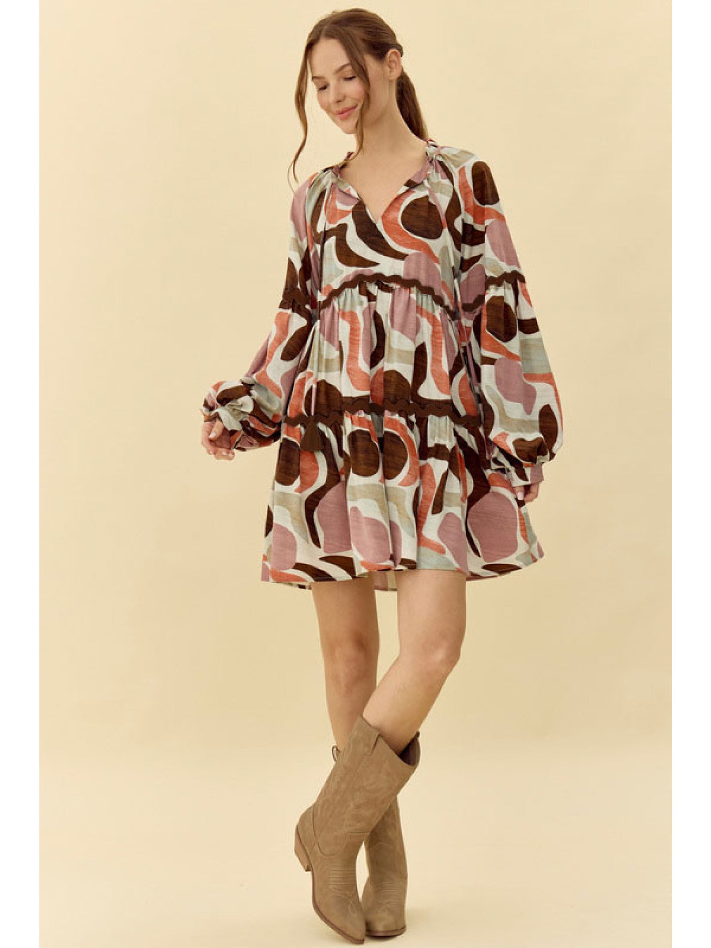 Jodifl Abstract Print Dress with Frilled Tassel-Tie Neck