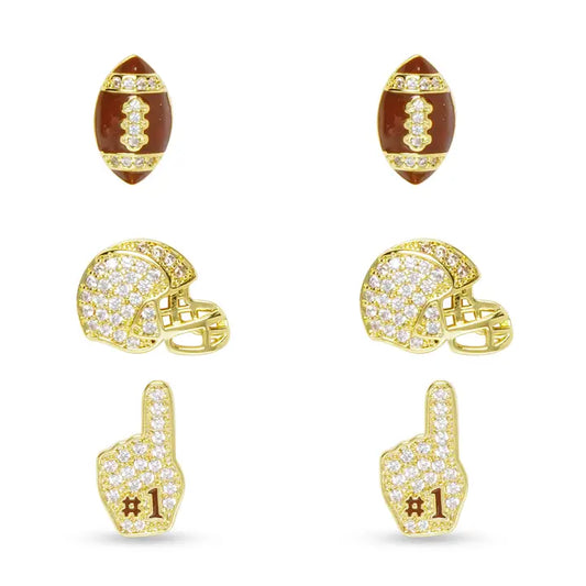 Amanda Blu Gold Trio Cz Football, Helmet and Foam Finger Earrings