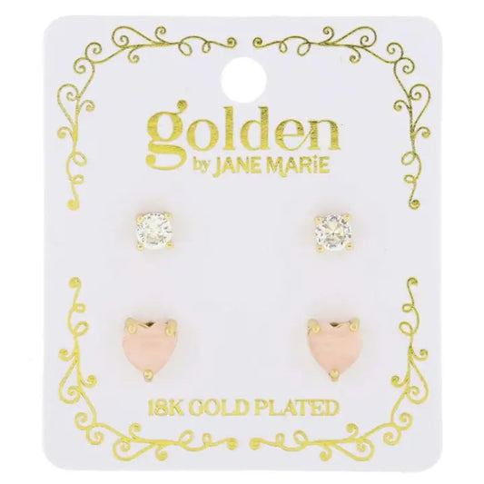 Jane Marie Kids 18K Gold Plated 2 Stud Set, Crystal, Heart Earrings