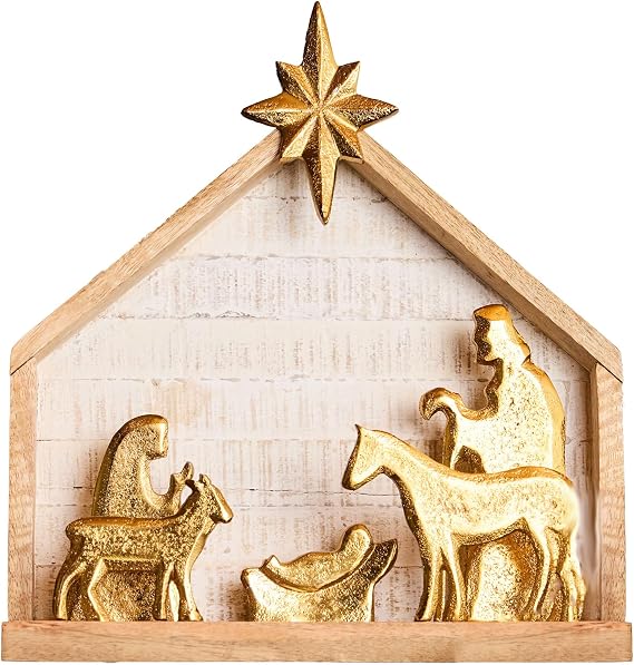 Mary Square Small Gold Nativity Scene Wooden Stable with Metallic Figures