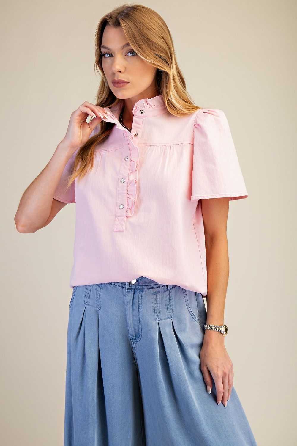 Easel Short Sleeve Washed Top-Cotton Pink