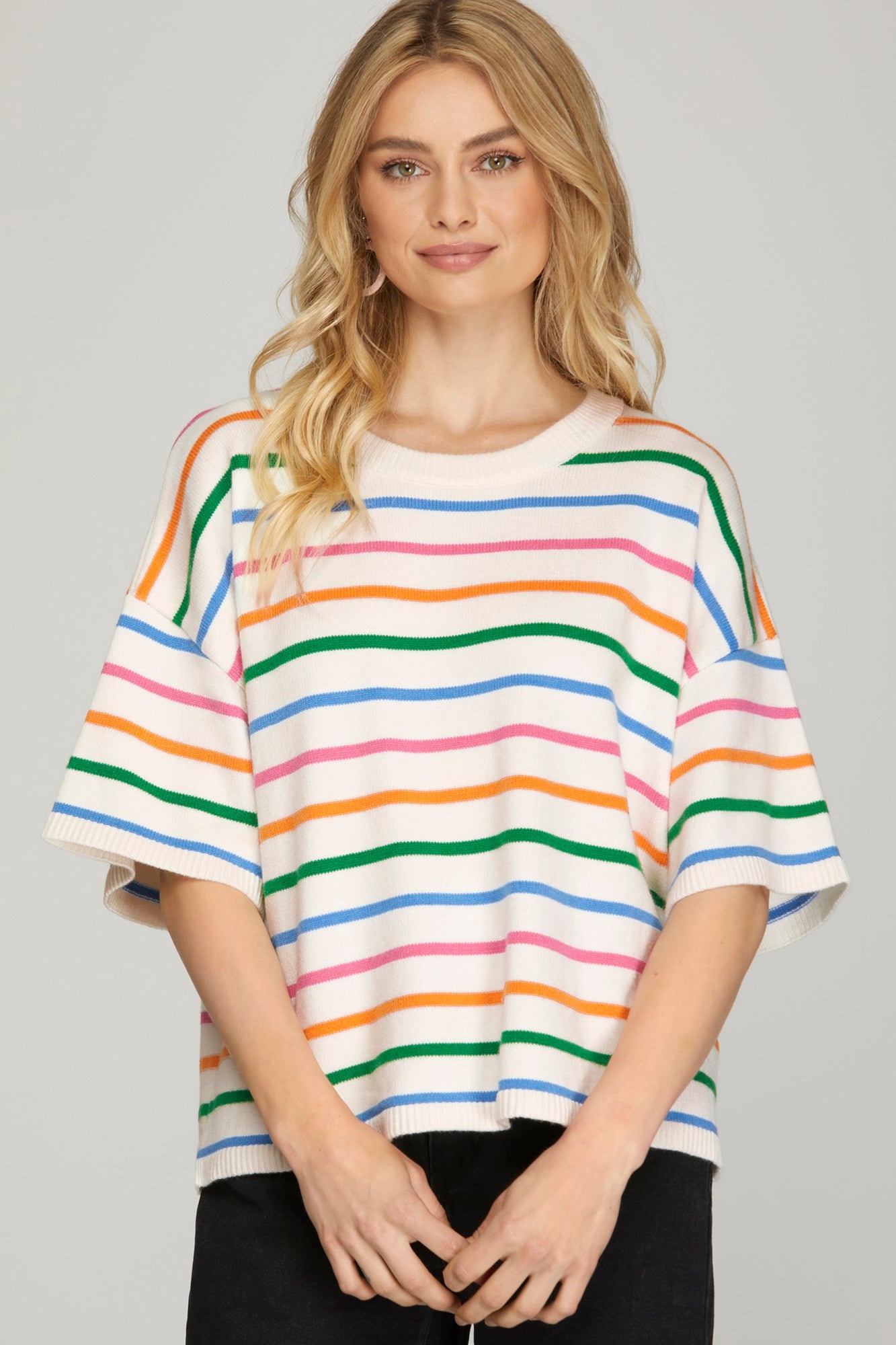 SHE & SKY SHORT SLEEVE MULTI STRIPED SWEATER TOP