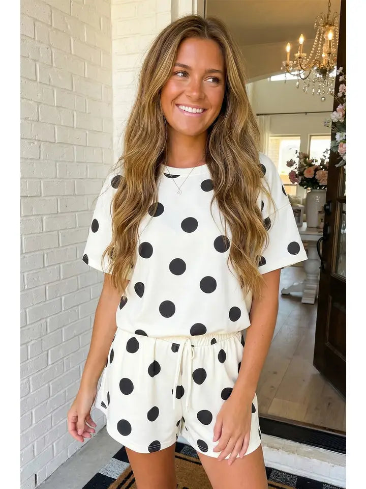 Las Polka Dot Print Loose Tee Drawstring Short Set