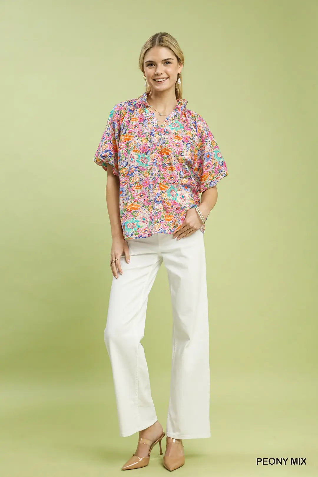Umgee Mix Floral Short Sleeve Button-Front Top