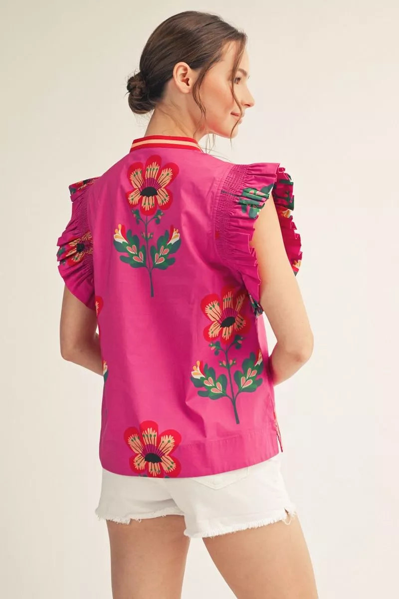 Jodifl Ruffled sleeves floral print woven top-Fuchsia