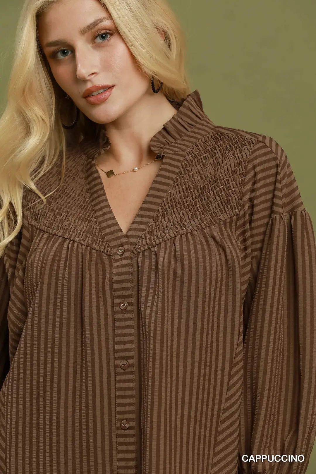 Umgee Stripe Seersucker Smocked Yoke Button-Front Blouse
