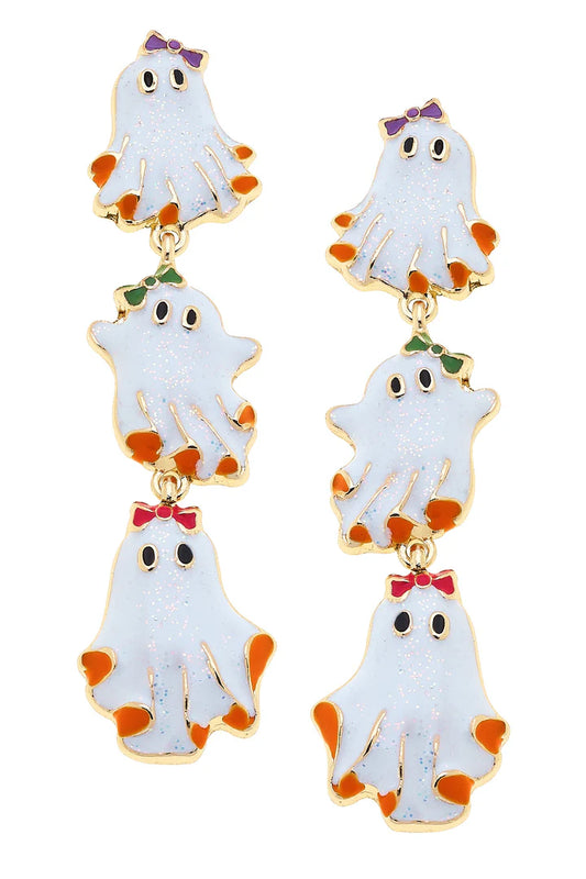 Canvas Style Halloween Linked Enamel Ghost Earrings in White