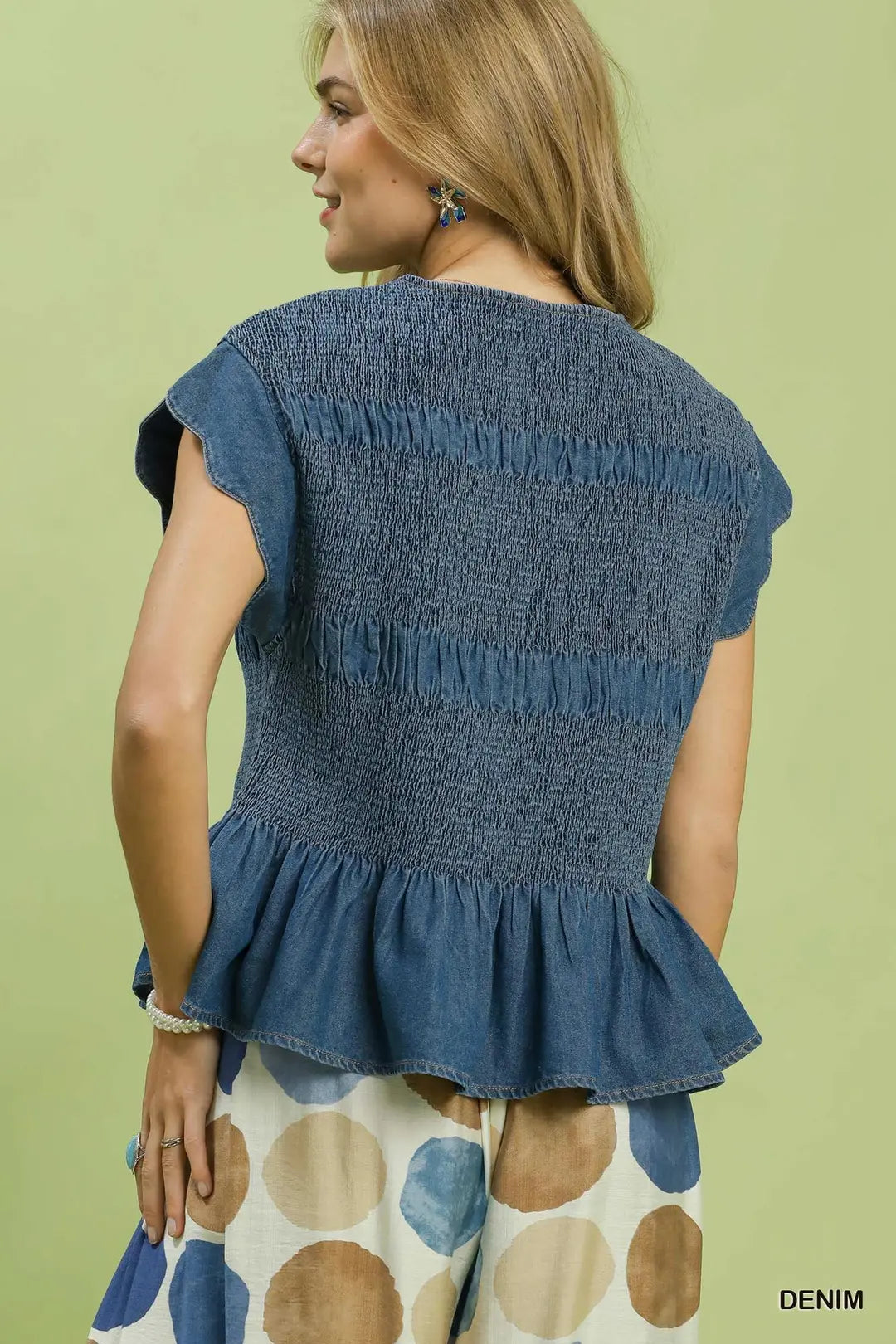 Umgee Chambray Smocked Peplum Top-Denim