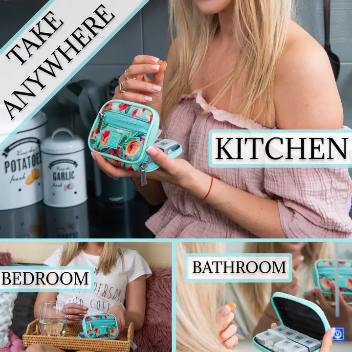 Made Easy Kit Pill Case - Weekly 7-Day Medicine Organizer-Teal Floral