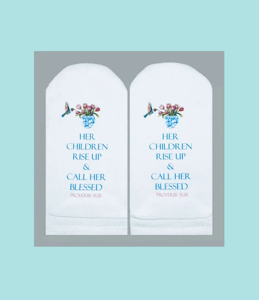 Standing on the Word Socks Humming Bird Flowers with Bible Verse: Proverbs 31:28 her children rise up