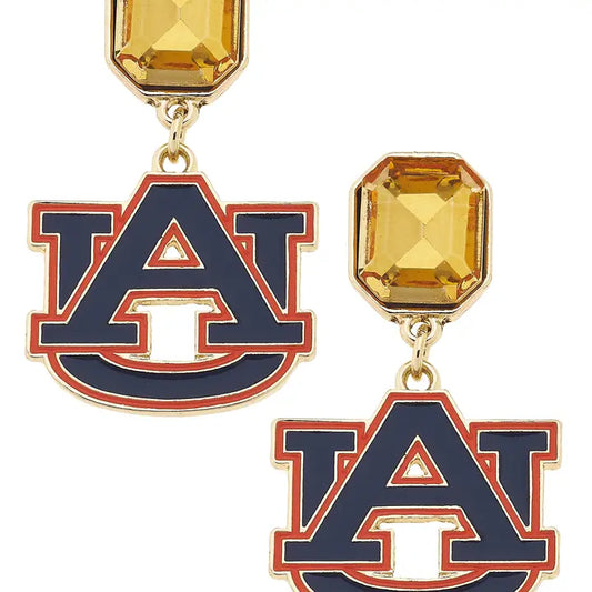 Canvas Style Auburn Tigers Rhinestone Enamel Logo Earrings in Shiny Gold