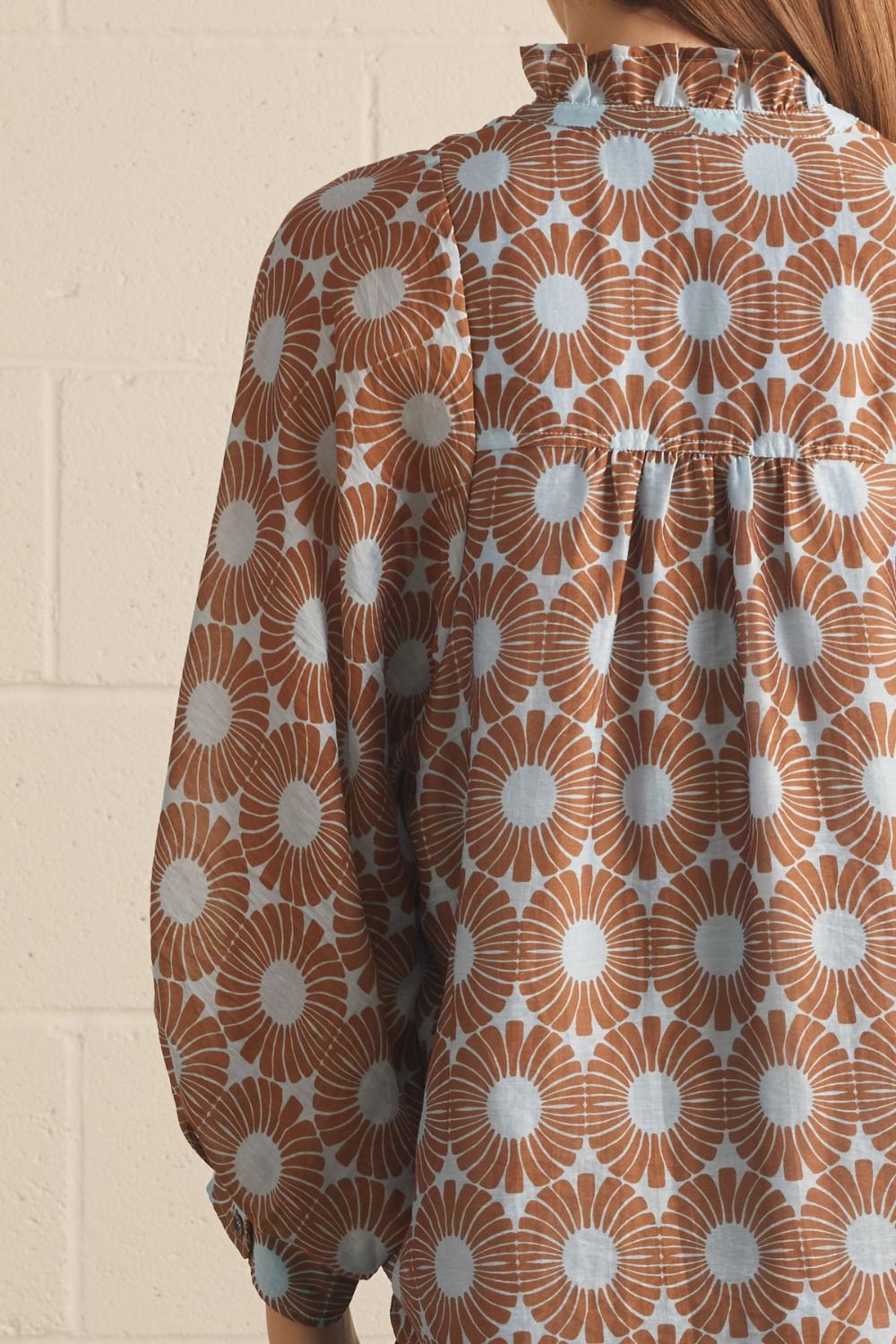 Entro Floral Long Puff Sleeve Top Featuring Ruffled Mock Neck-Blue Camel