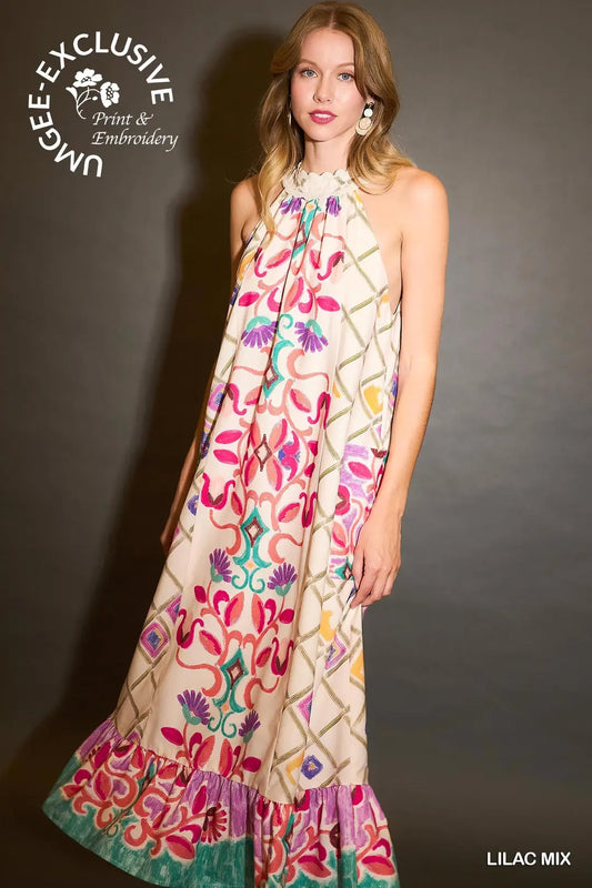 Umgee Halter Neck Printed Maxi Dress