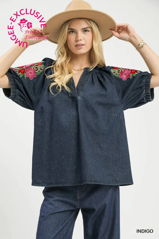 Umgee Denim Embroidered Puff Sleeve Boho Top