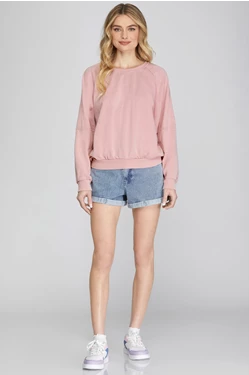 SHE & SKY LONG DOLMAN SLEEVE WASH FRENCH TERRY KNIT TOP