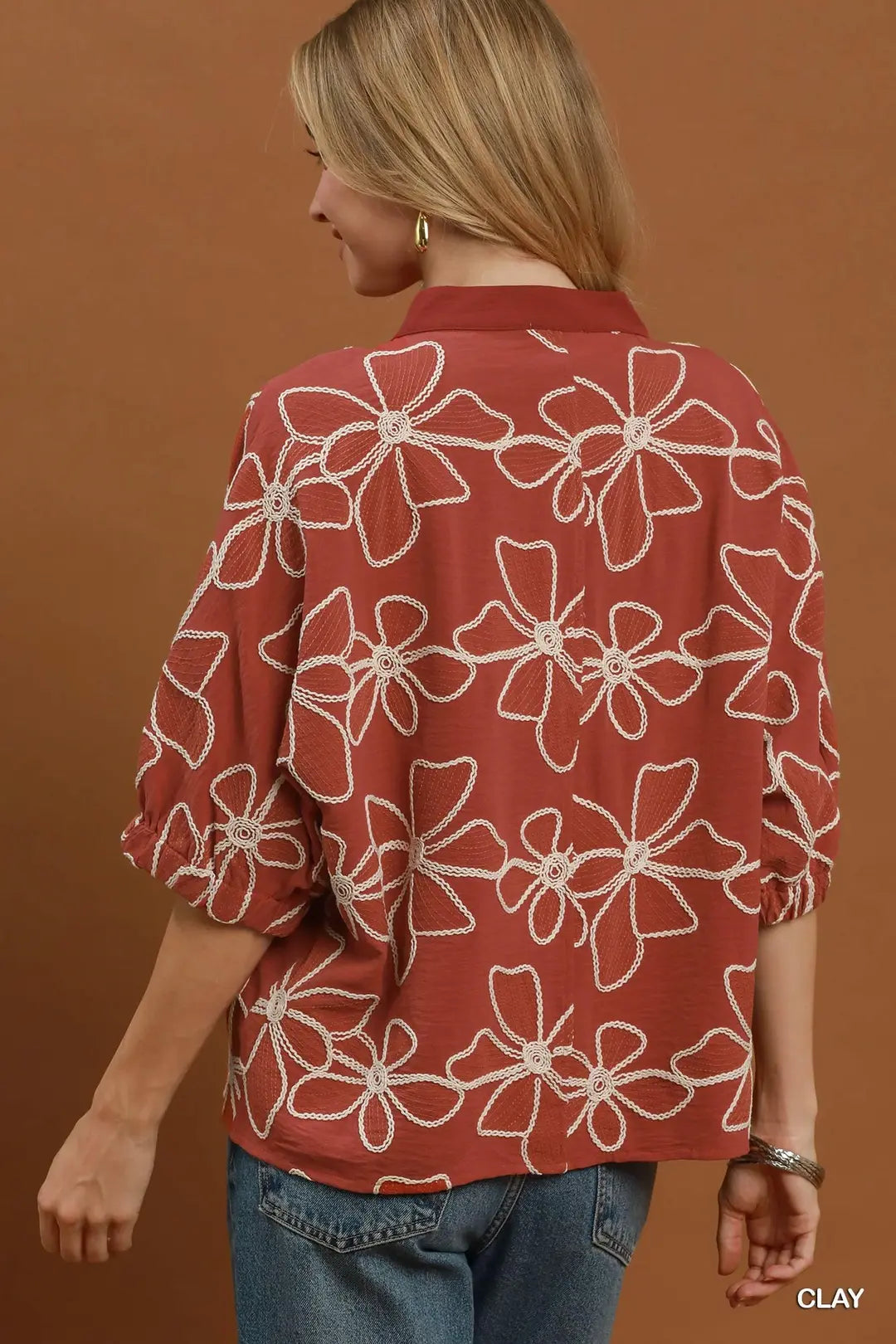 Umgee Floral Embroidered Split Neck Top